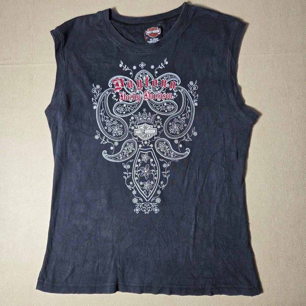 Harley Davidson Daytona Beach Paisley Red Glitter Muscle Tank Top Shirt 2X
